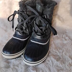 Sorel Black Winter Lace-Up Fur Collar Rain Boots